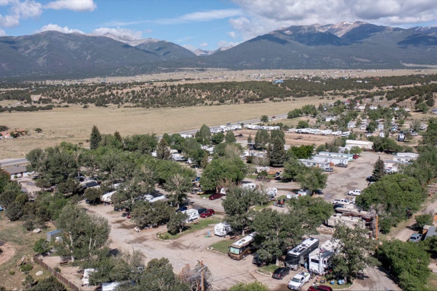Aerial view of Snowy Peaks RV Park under the Collegiate Peaks in Buena Vista, Colorado